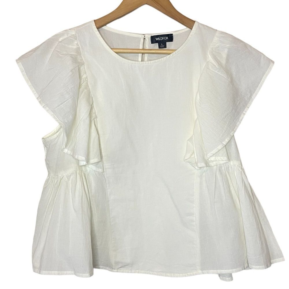 NWT WILDFOX Ivory Cotton Ruffle Flutter Sleeve Top, Large - Picture 2 of 9